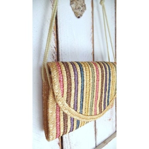 Vintage tan striped straw envelope shoulder purse - Picture 4 of 6